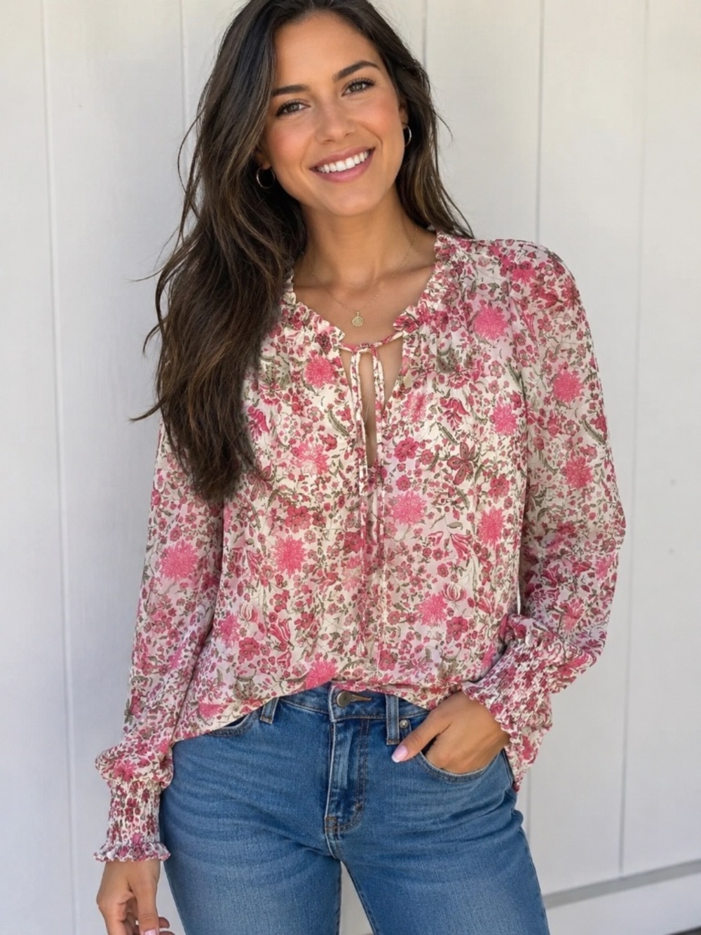 CeCe Floral Blouse Size Small Smocked Sleeve V-Neck Lined Boho Romantic Top